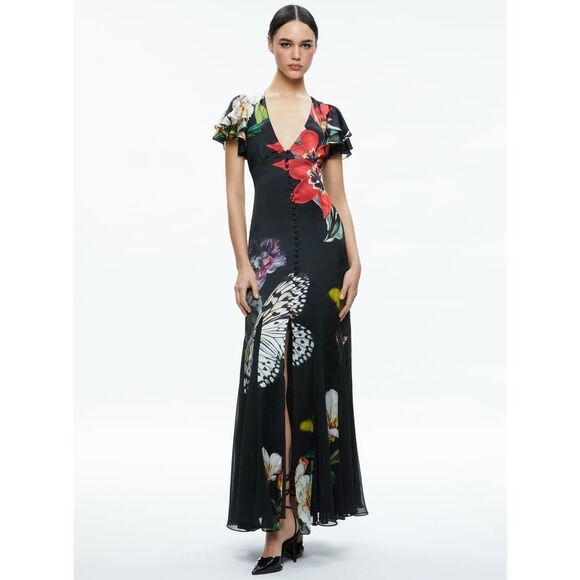 ALICE + OLIVIA FARA DEEP V-NECK FLUTTER SLEEVE MAXI DRESS $695 - Picture 1 of 13